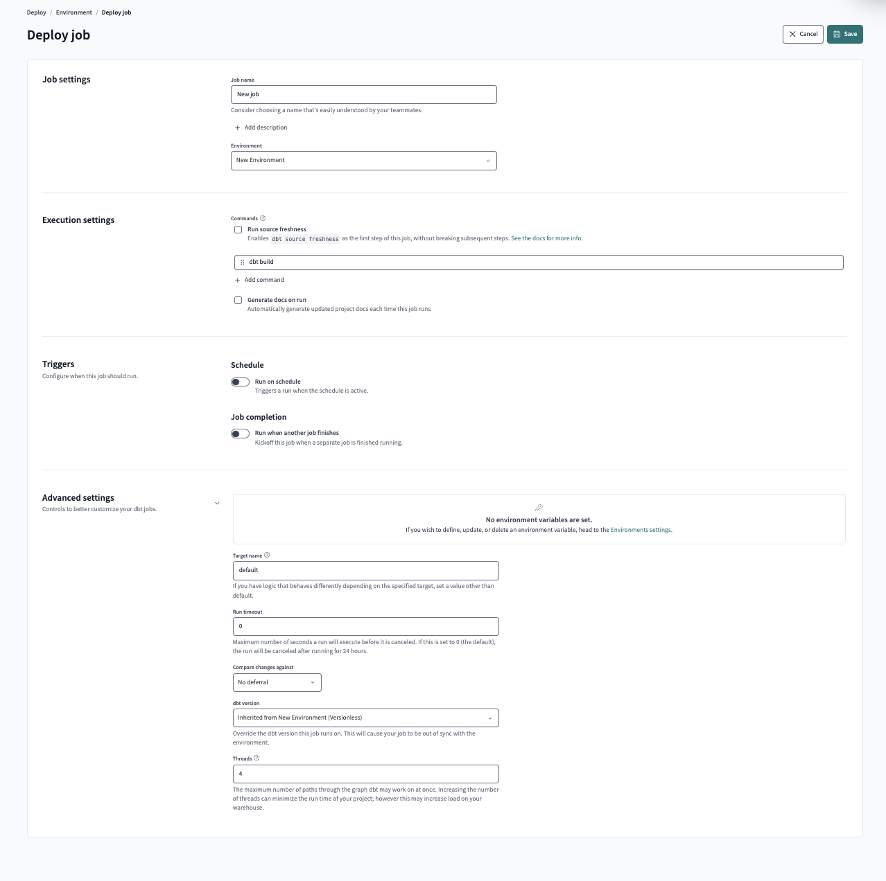 Settings of a dbt Cloud job Settings of a dbt Cloud job